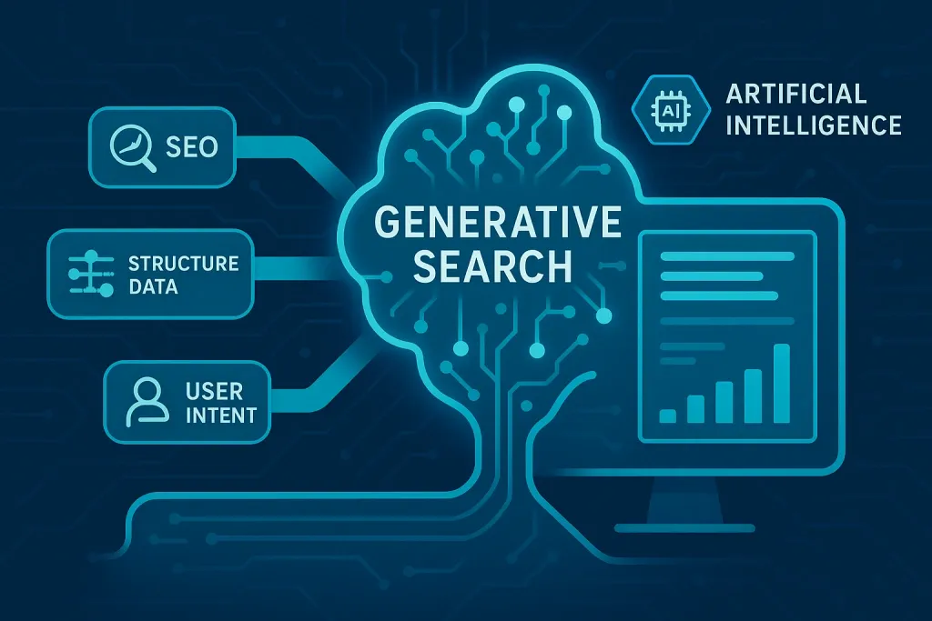 Diagram showing SEO, structured data, and user intent feeding into generative search powered by artificial intelligence.