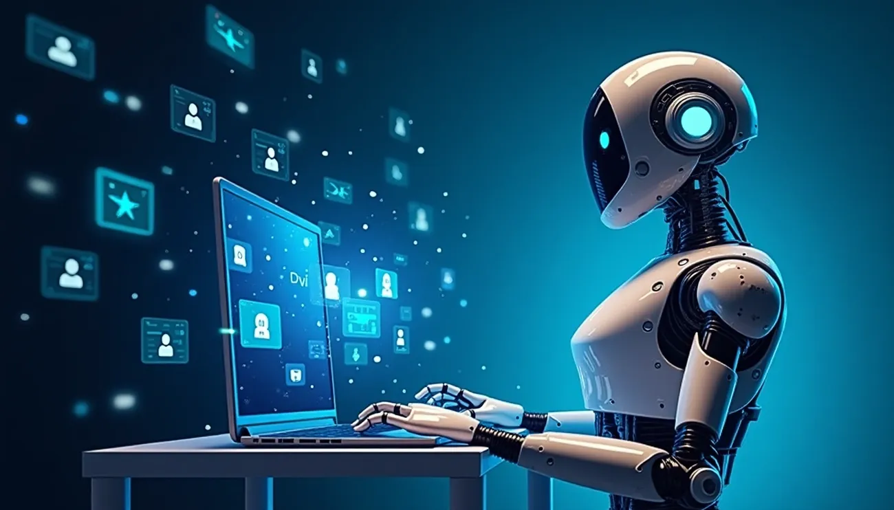 Futuristic robot using a laptop with floating digital icons representing AI agents for content optimization strategies.