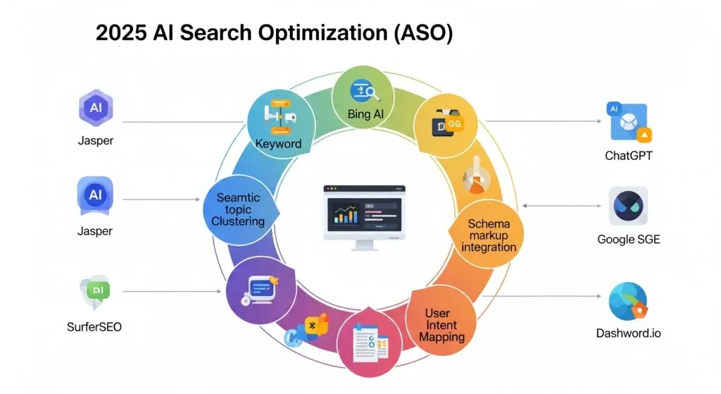 2025 AI Search Optimization cycle showing tools Jasper, SurferSEO, ChatGPT, Google SGE, and Dashword.io linked to key SEO components.